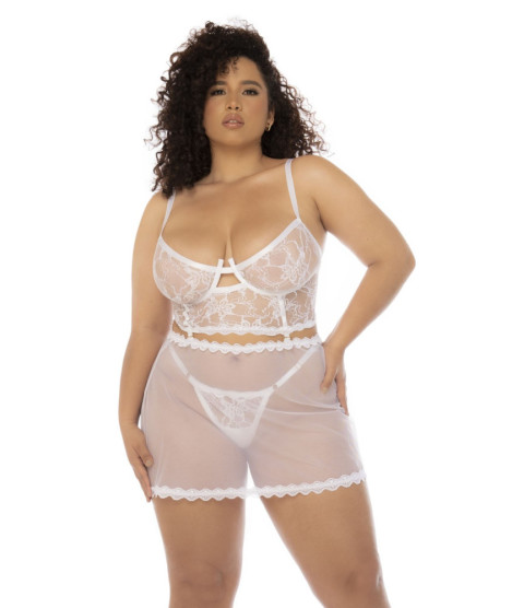 2 en 1 Nuisette et ensemble 2 pièces grande taille en dentelle et résille transparente - MAL7544XWHT